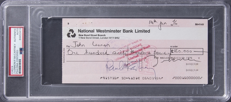 The Beatles: Paul McCartney & John Lennon Dual Signed 1976 Maclen Music Check Payable To John Lennon! (PSA/DNA)